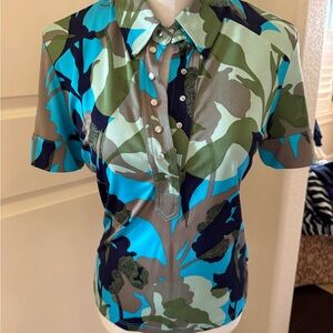 Piazza Sempione Blue and Green Camouflage Button-Down Shirt